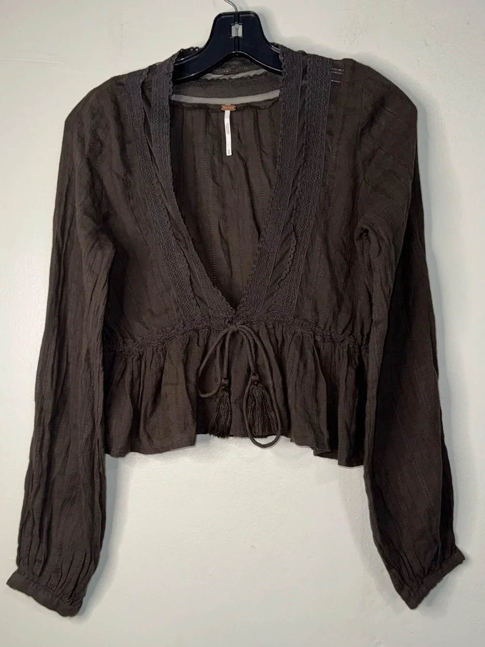 Free People Chocolate Brown V-Neck Peasant Blouse with Tassel Tie